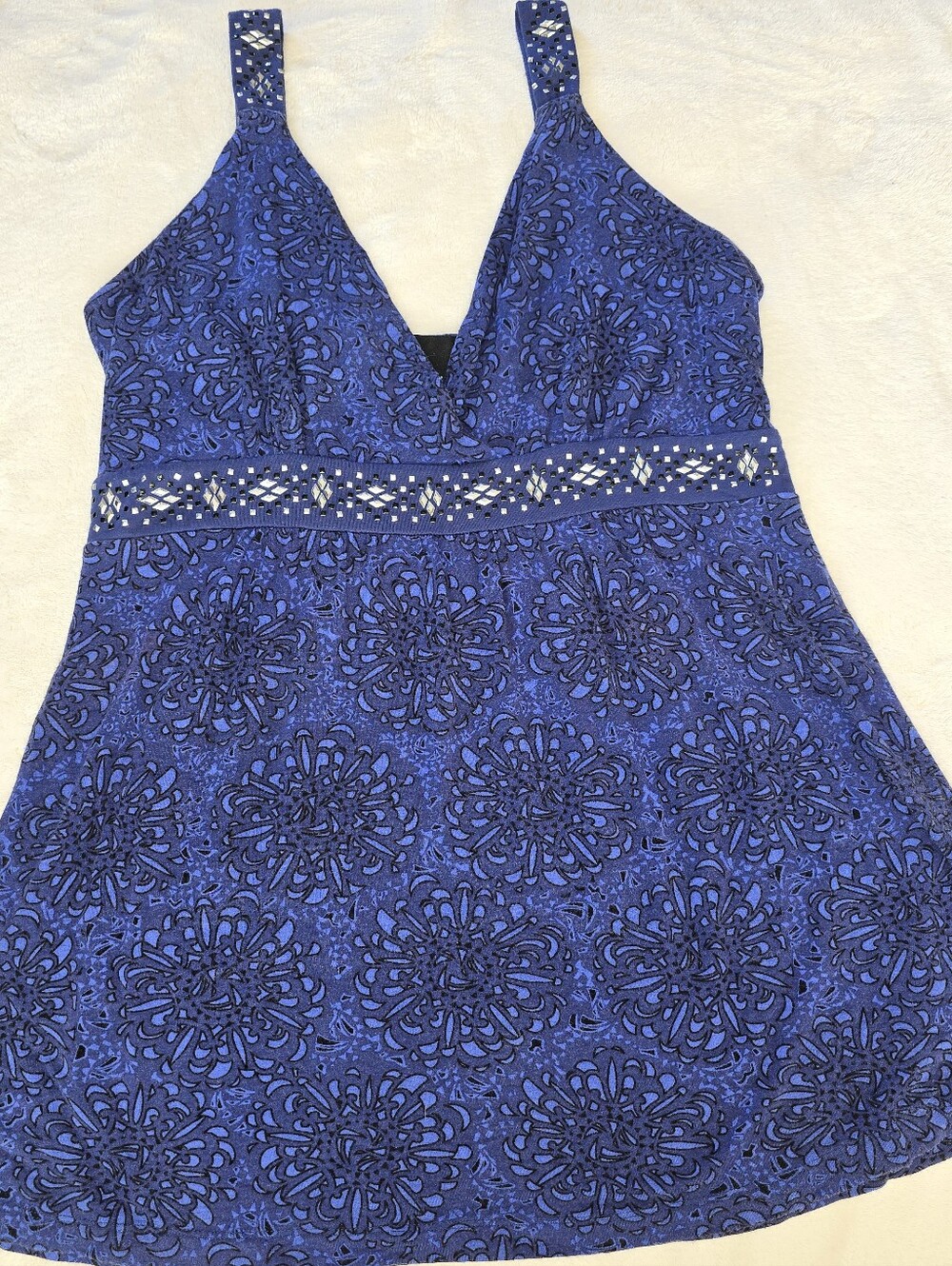 Cynthia Rowley Blue Patterned V-Neck Camisole with Embellished Waist
